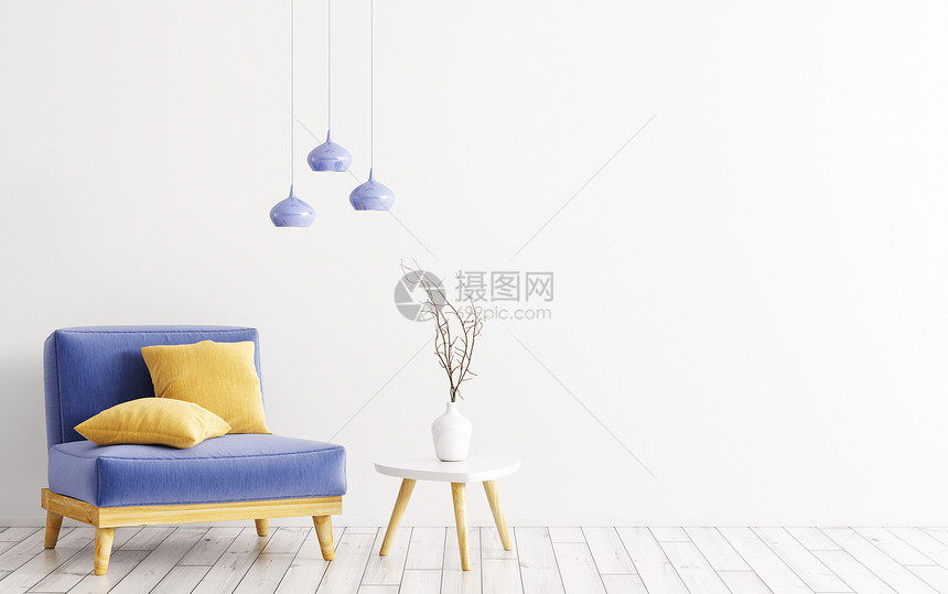 客厅内部蓝色天鹅绒扶手椅,黄色靠垫,木制咖啡桌,花瓶灯白色墙壁上三维渲染图片