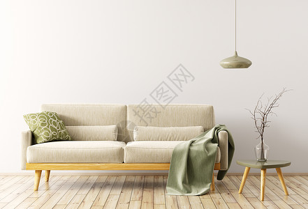现代被单素材现代室内客厅与天鹅绒沙发,木制茶几灯3D渲染背景