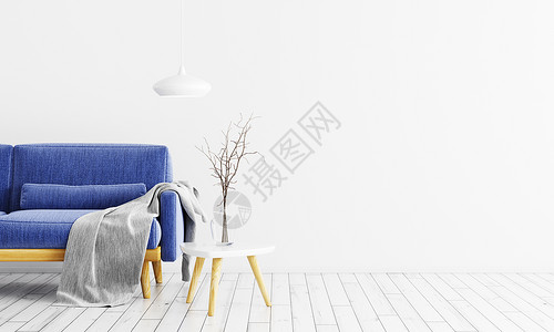 现代室内客厅与天鹅绒蓝色沙发,灰色格子,木制茶几灯白色墙壁上三维渲染图片