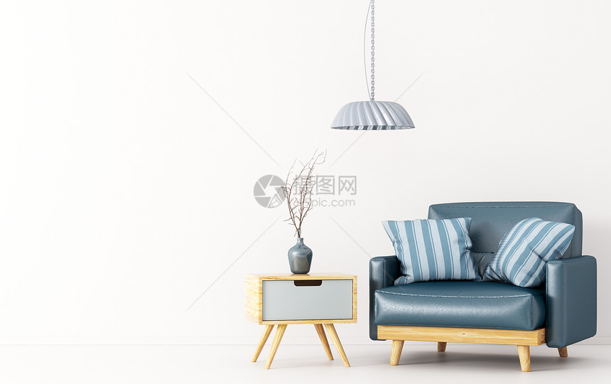 客厅室内,木制侧桌,灯蓝色皮革扶手椅,白色3D渲染图片