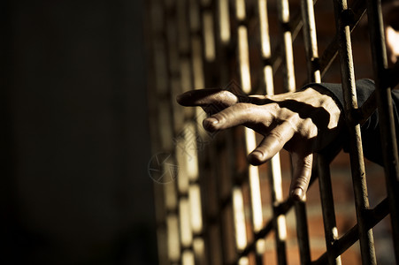 白种人罪行人的手监狱的牢房结论中笼子背景