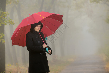 带着红色雨伞雾林的女人图片