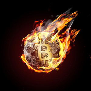 比特币着火了燃烧的BTC硬币正上升比特币着火了比特币着火了背景图片