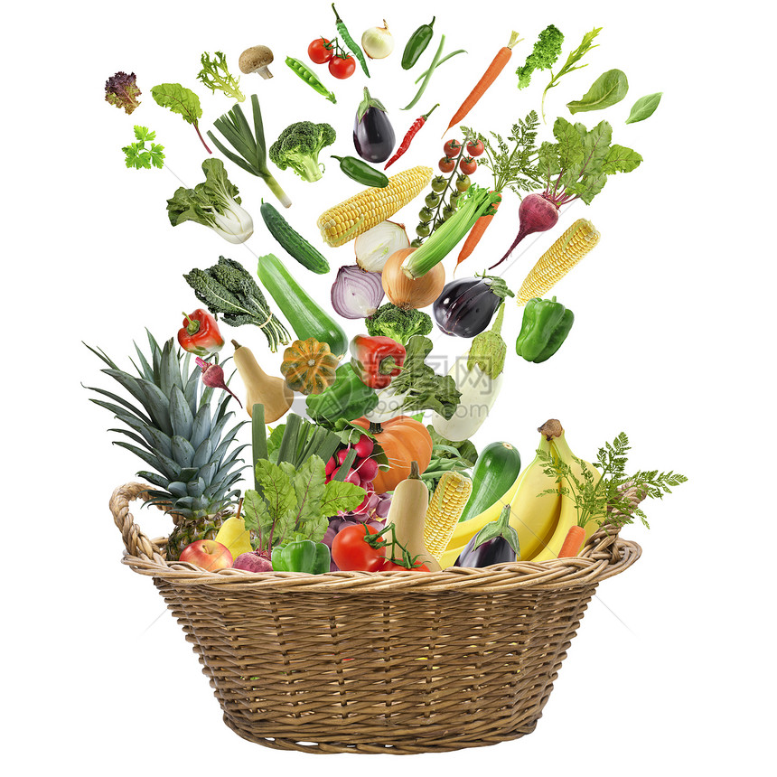 新鲜水果蔬菜白色背景上隔离的篮子里篮子里的新鲜水果蔬菜图片
