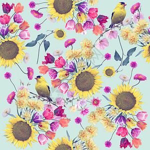 无缝花卉图案与鸟类无尽的纹理为您的无缝花卉图案与鸟类图片