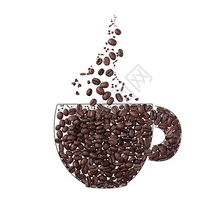 咖啡杯蒸汽由咖啡豆分离白色背景上咖啡杯咖啡豆制成的蒸汽图片