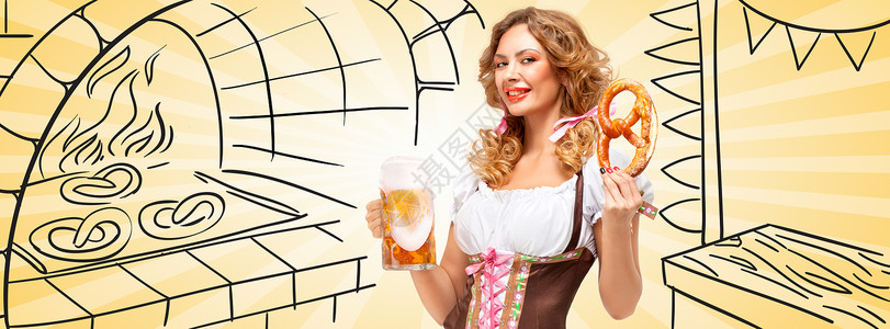 卷饼素材网漂亮感的啤酒节女人穿着传统的巴伐利亚连衣裙,戴着个椒盐卷饼啤酒杯,背景粗糙的椒盐卷饼烤箱Facebook大小格式背景
