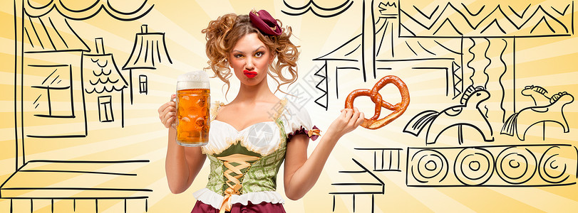 卷饼素材网漂亮感的啤酒节女服务员穿着传统的巴伐利亚连衣裙,戴着个椒盐卷饼啤酒杯,粗糙的木马背景上着轻蔑的鬼脸Facebo背景