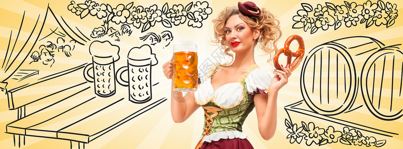 卷饼素材网漂亮感的啤酒节女服务员穿着传统的巴伐利亚连衣裙,着个椒盐卷饼啤酒杯,粗糙的啤酒桶背景上开心地笑着Facebook大背景