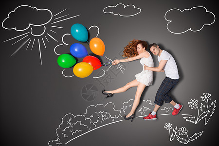 撑起黑板的气球快乐情人节的爱情故事,浪漫的夫妇着气球与风粉笔画背景下背景