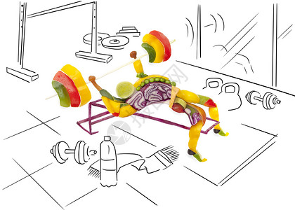 水果蔬菜的形状,个健康的肌肉健美运动员举杠铃健身房图片