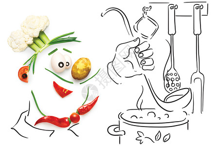厨师卡通创造的食物,个趣的卡通厨师,由蔬菜,烹饪汤粗略的背景背景