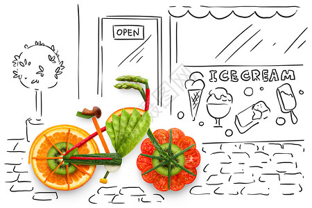 创意食品照片的自行车,由水果蔬菜,停粗略的城市背景图片