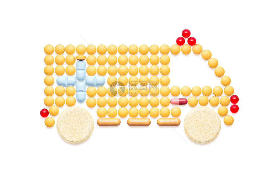 创造的医学医疗保健由药物药丸,紧急救护车与警报器隔离白色图片