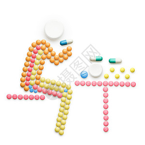由药物药丸成的创造医学医疗保健病人坐桌子吃药丸,隔离白色上图片