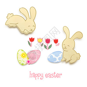 创意复活节照片两只兔子与鸡蛋制成的纸白色背景图片