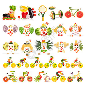 骑独轮车小丑创造的菜单集食品与小丑,运动设备骑自行车的蔬菜水果,隔离白色背景