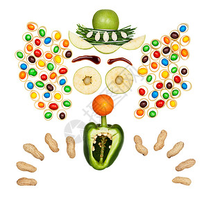趣的小丑的蔬菜水果个孩子的菜单上隔离白色图片
