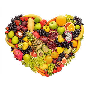 健康的饮食聪明心脏符号由新鲜水果制成,减少死亡风险,孤立白色背景上图片