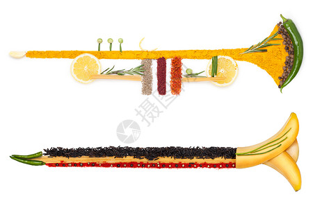 柠檬草药叶由水果蔬菜香料制成的喇叭的彩色照片背景
