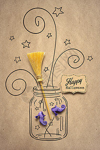 创意万节照片女巫鞋扫帚个瓶子由纸制成的棕色背景图片