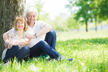 坐草地上的老夫妇阳光明媚的夏日,幸福的老夫妇坐公园的棵树下的草地上图片