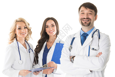 医生队的肖像白色背景上隔离的自信快乐医生的群体肖像图片
