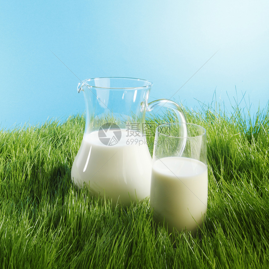 草地上的牛奶罐璃鲜绿草地背景上的牛奶罐璃图片