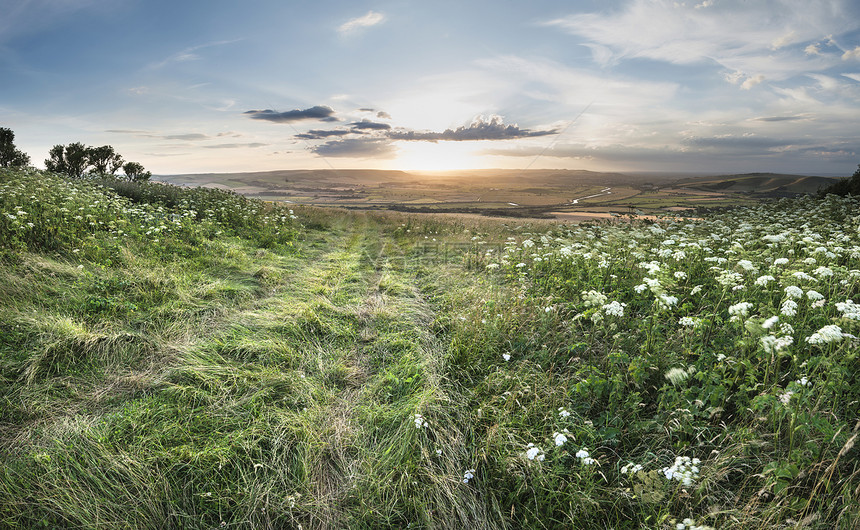 美丽的日落景观形象英国滚动的乡村图片