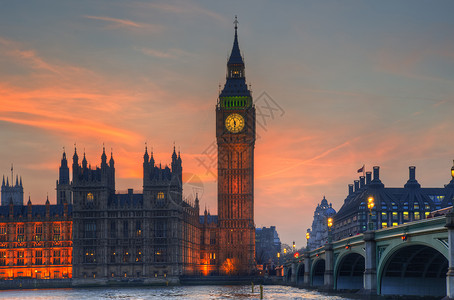 mgb3713型英国,伦敦,威斯敏斯特大本议会大厦冬季日落大本威斯敏斯特大桥景观冬季日落背景