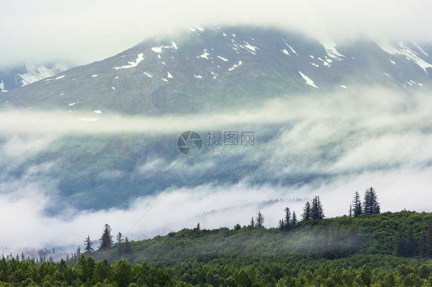 夏天阿拉斯加风景如画的山脉积雪覆盖的地块,冰川岩石峰图片