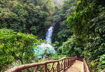 哥斯达黎加雨林丛林中雄伟的瀑布热带远足高清图片