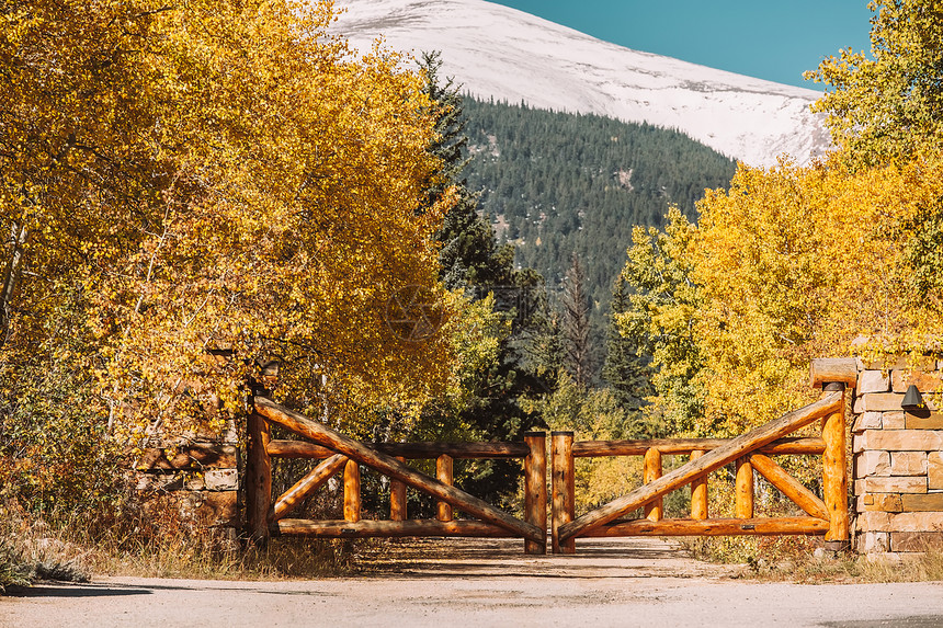美国科罗拉多州,秋天的晴天,原木未铺好的道路上制成的乡村大门图片