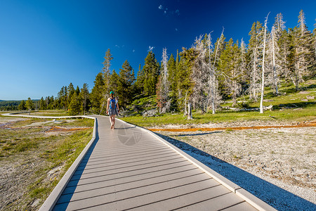 游客背包徒步旅行黄石公园附近的火孔河,怀俄明州,美国图片