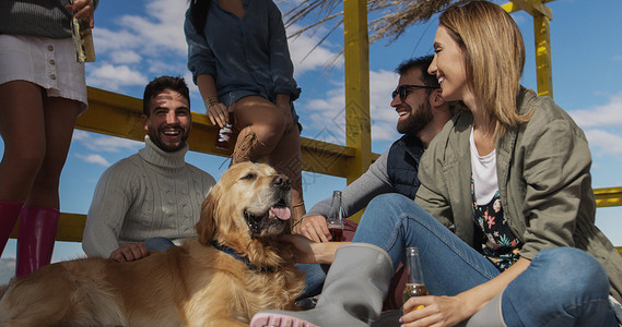 快乐的群朋友海滩屋闲逛,秋天的日子里玩得开心,喝啤酒图片