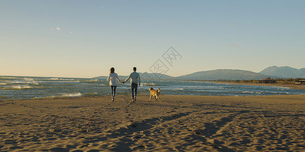 Autmun的天,夫妇海滩上跑步,用狗牵着手背景图片