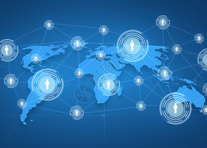 全球商业,社交网络,大众媒体技术世界投影与人图标蓝色背景图片