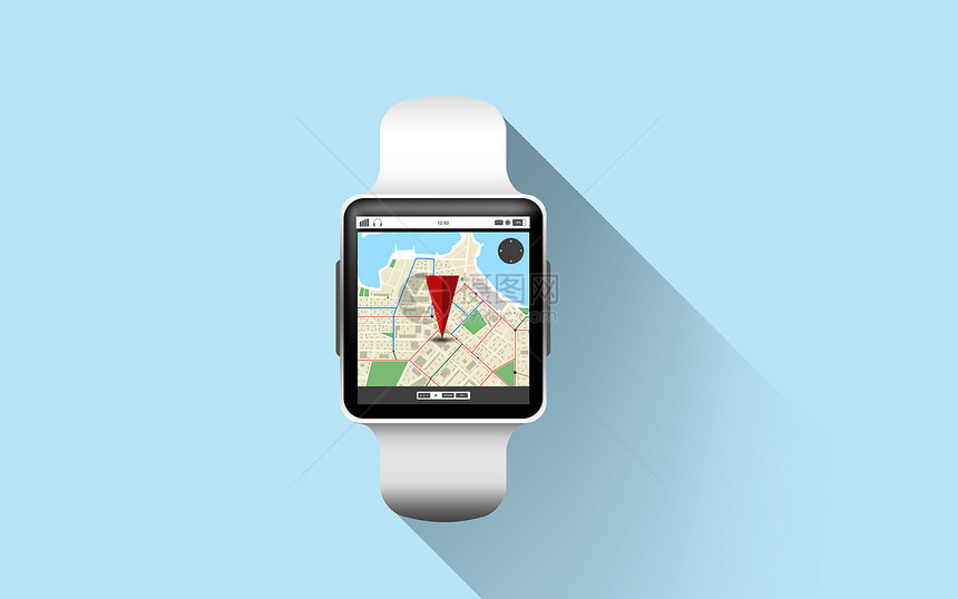 现代技术,象,应用导航黑色智能手表与GPS路线图屏幕上的蓝色背景用GPS导航应用程序智能手表图片