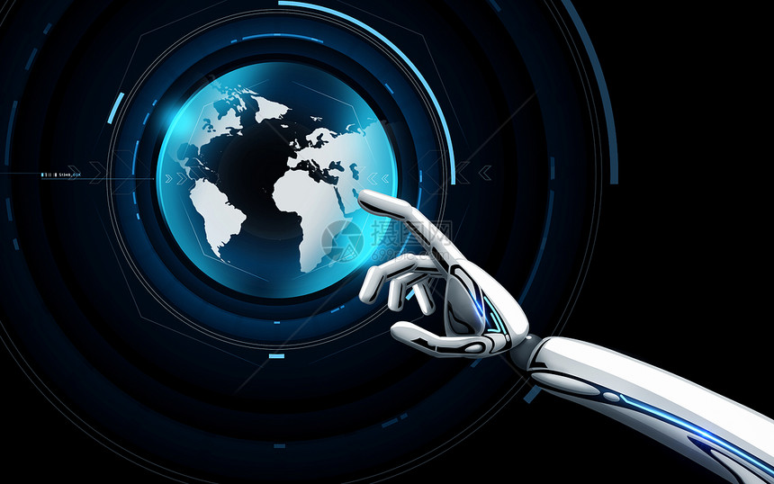 科学,未来技术进步机器人手触摸虚拟地球全息图黑色背景机器人手触摸虚拟地球全息图图片
