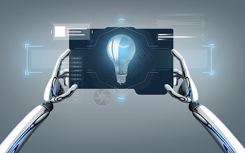 应用方案科学未来的技术机器人手与灯泡平板电脑屏幕上的灰色背景机器人手与灯泡平板电脑上设计图片