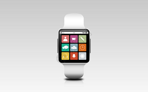 智能家电图标现代技术,应用,象媒体说明智能手表与菜单图标屏幕上的灰色背景屏幕上菜单图标的智能手表的插图背景