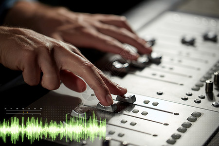 声音波纹音乐,技术,人设备的声音工程师的手用混合控制台录音室手录音室的混合控制台上背景