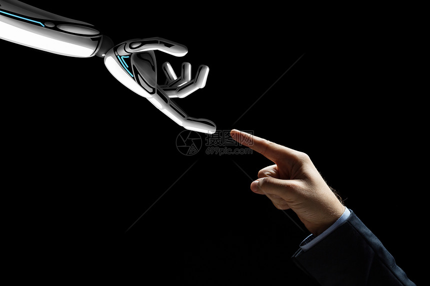 人工智能,未来技术通信机器人人手连接手指黑色背景机器人人手连接手指图片