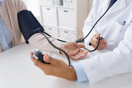 控制血压医学,医疗人的密切老妇女病人医生的血压计测量血压医院血压计的医生医院的老年女子背景