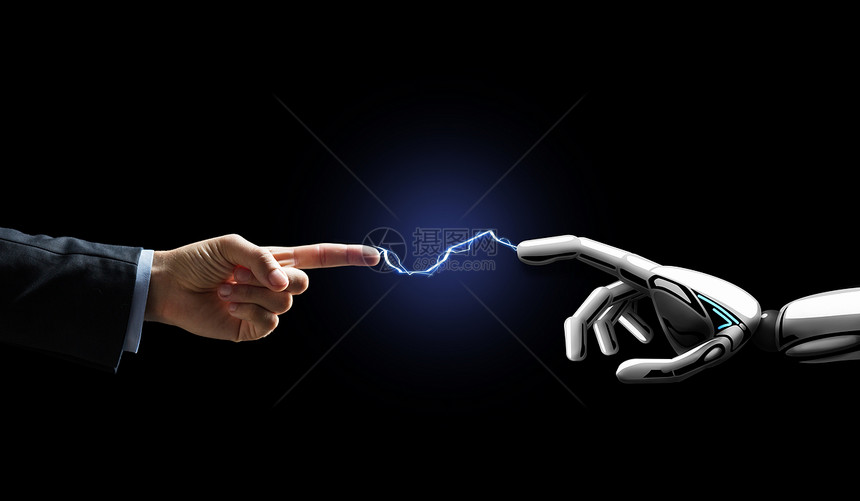商业,未来技术人工智能机器人人的手闪电连接黑色背景上机器人人的手闪电连接图片