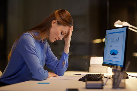 商业,截止日期技术强调女商人与电脑工作夜间办公室晚上办公室电脑的女商人图片