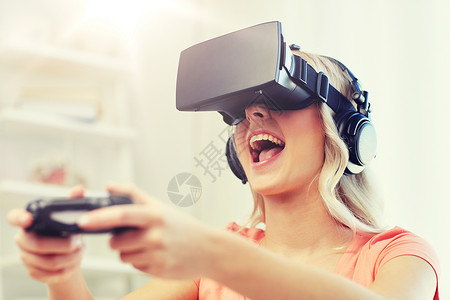 三维技术,虚拟现实,游戏,娱乐活动人的快乐的轻女虚拟现实耳机3D眼镜耳机玩电子游戏与控制器游戏卡家里女虚背景