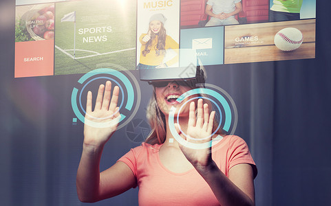 网页游戏技术虚拟现实网络娱乐活动人的快乐的轻女带着虚拟现实耳机3D眼镜家看新闻投影女虚拟现实耳机3D眼镜背景