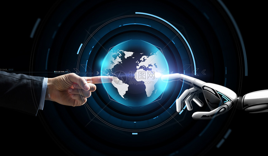 未来的技术,商业人工智能密切商人机器人手触摸虚拟地球全息图黑色背景人类机器人手与虚拟地球全息图人类机器人图片