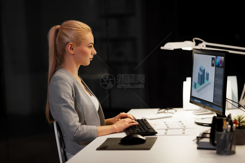 商业,截止日期技术女商人师与三维模型的编辑器计算机屏幕上工作夜间办公室师与电脑工作夜间办公室图片
